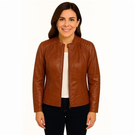 Scully L1168-10-S Womens Cafe Racer Leather Jacket, Cognac Soft Lamb - Small