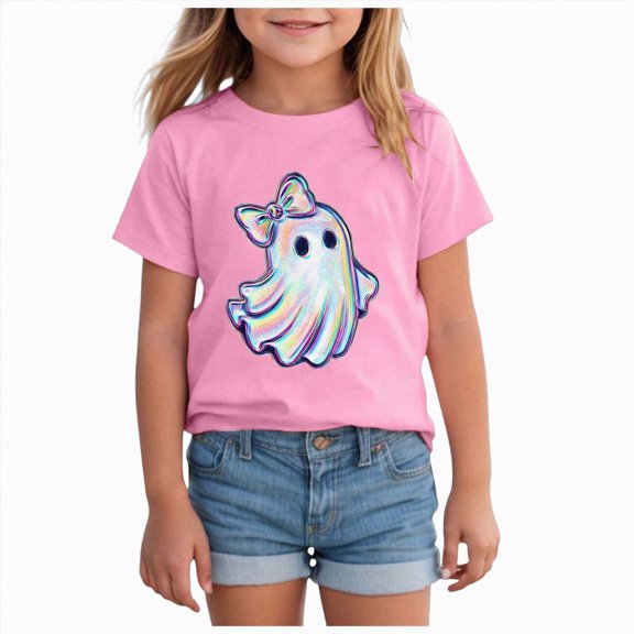 Gubotare Kids Halloween Tshirts Girl's Short Sleeve Summer Shirts Top Casual Cute Crew Neck Blouses Tops 3T 4T (Pink,3-4 Years)