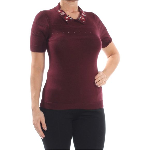 CeCe Suéter de punto con cuello bordado para mujer, Púrpura, XS