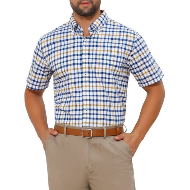 CAMISAS CHIC para Hombres con Cuello Punto, Manga Corta, a Cuadros, Botón, Camisa de Negocios, L Azul Amarillo