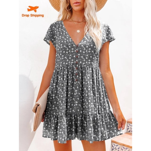 Women's Dress Spring Summer Commuting Chiffon Buttons Broken Flowers Dresses for Women 2023 V-neck Cheap Casual Women's Dresses3XL Gao Jinjia LED