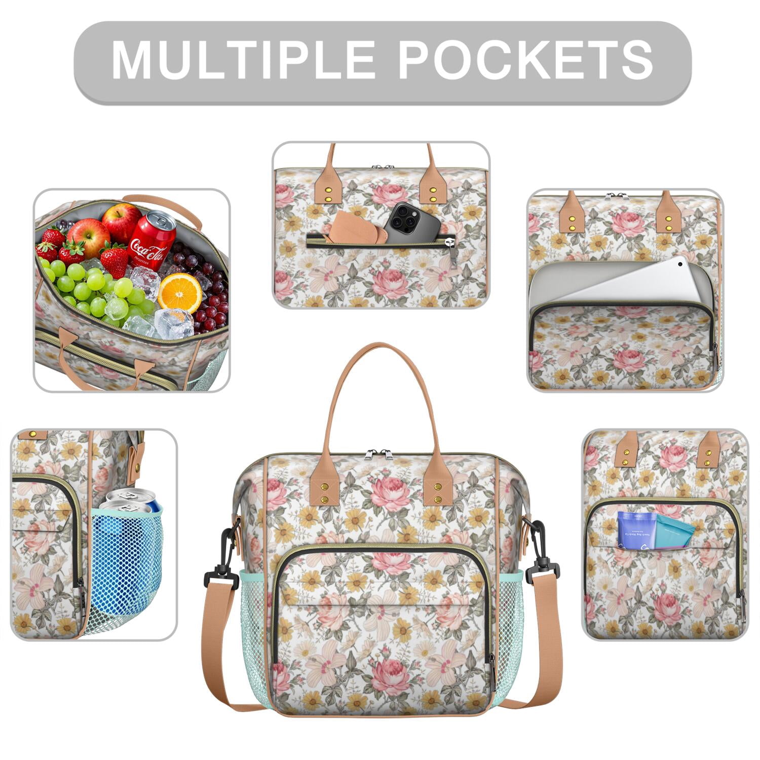 Pioneer Flower Floral Print Pattern Womens Lunch Box for Work,Insulated Large Lunch Bag for Tween and Teen,Loncheras Para Mujer,Leakproof Adult Lunch Bag for Work,Beach,Travel,Picnic,Camping
