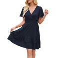 thumbnail image 2 of Admvng Dresses for Women Deep V-Neck Short Sleeve Sundresses Pleated Elastic Waist Knee Length Flowy A-line Dresses S-2XL, 2 of 5