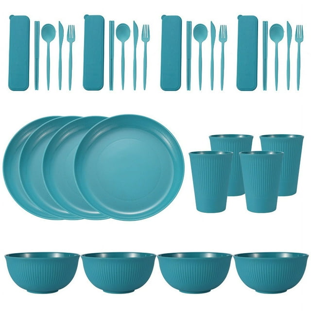 Nvzi Wheat Straw Dinnerware Sets, 32-Piece Plates and Bowls Sets, Cutlery, Microwave Safe Unbreakable Dinnerware for Parties, Picnic, College Dorm, Camping Green