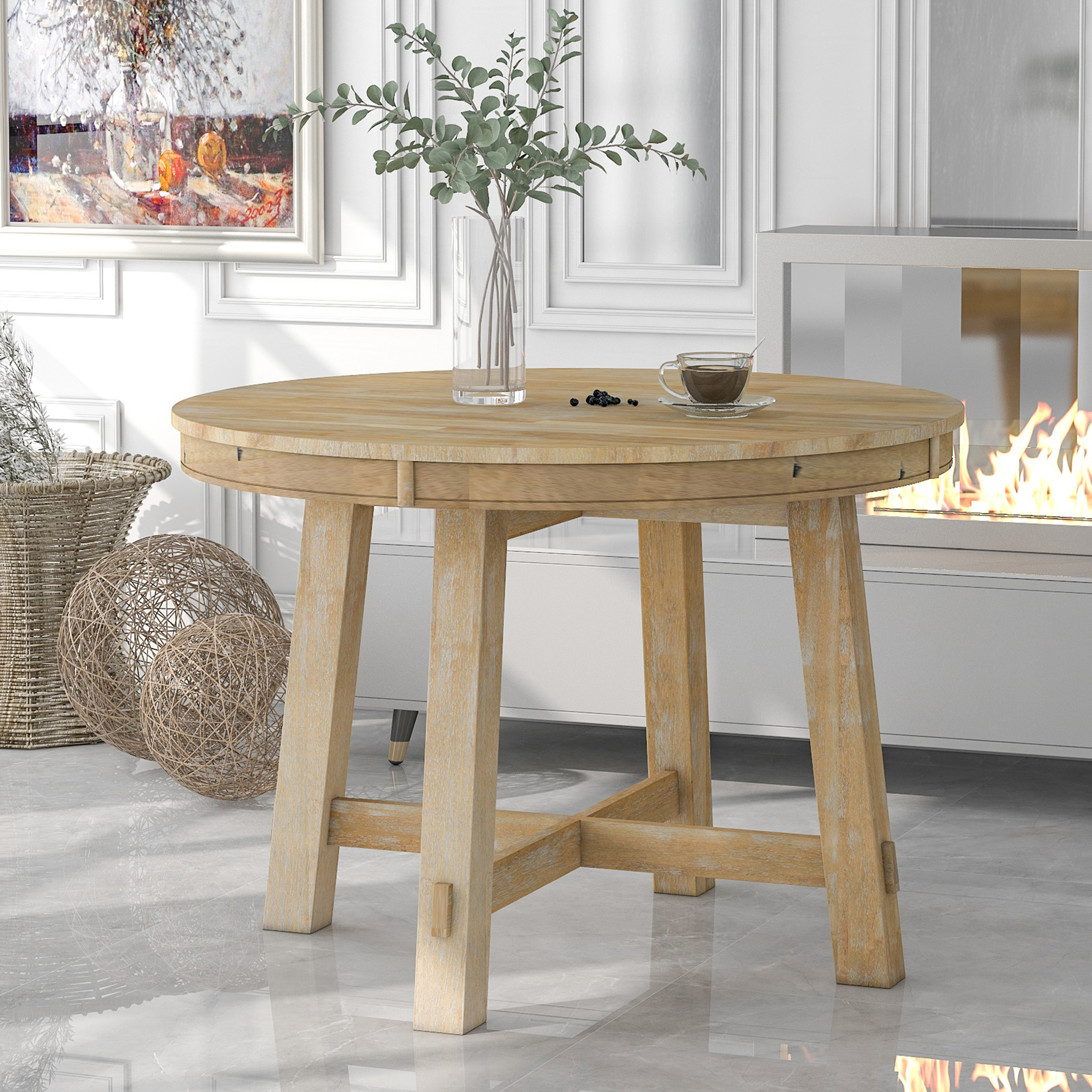 Aukfa Dining Table for 4-6, 42"-58" Extendable Round Kitchen Table with 16" Rustic Drop Leaf for Dining Room/Living Room, Natural Wood