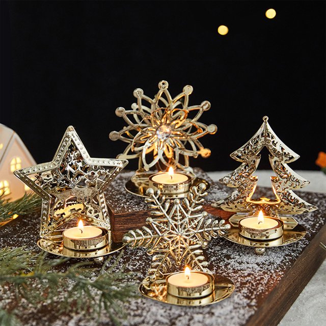 Portavelas para ventana navideña de hierro de oro | Bandeja ornamental para candelabros navideños | Acento de decoración festiva | Centro de mesa navideño brillante de 4,33 pulgadas | Elegante