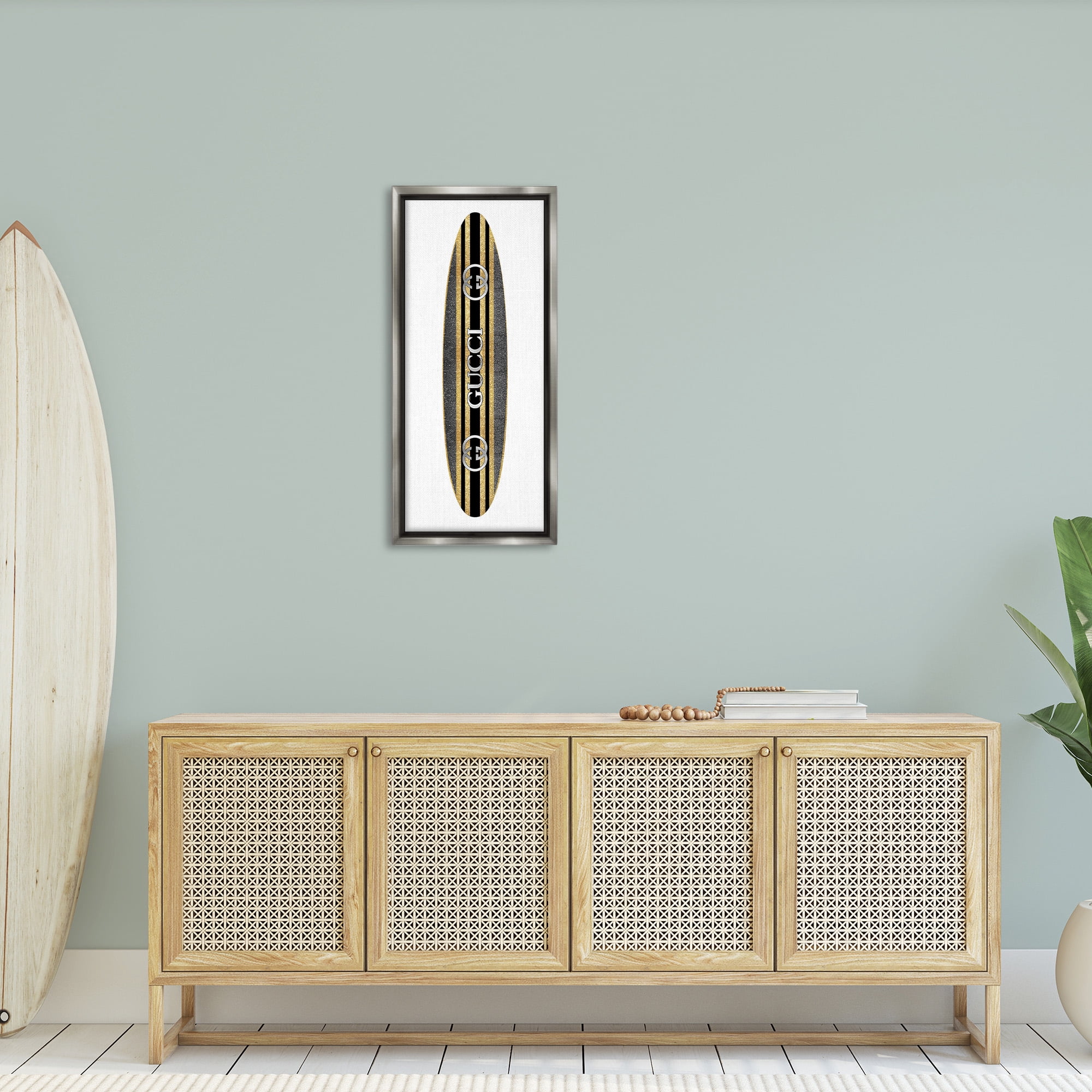 Stupell Industries Glam Brand Surfboard Nature Painting Gray Floater Framed Canvas Art Print Wall Art, 14 x 31