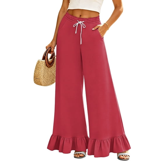 Sewkxo Womens Wide Leg Pants Drawstring Elastic High Waisted Ruffle Hem Palazzo Pants with Pockets,Red XL