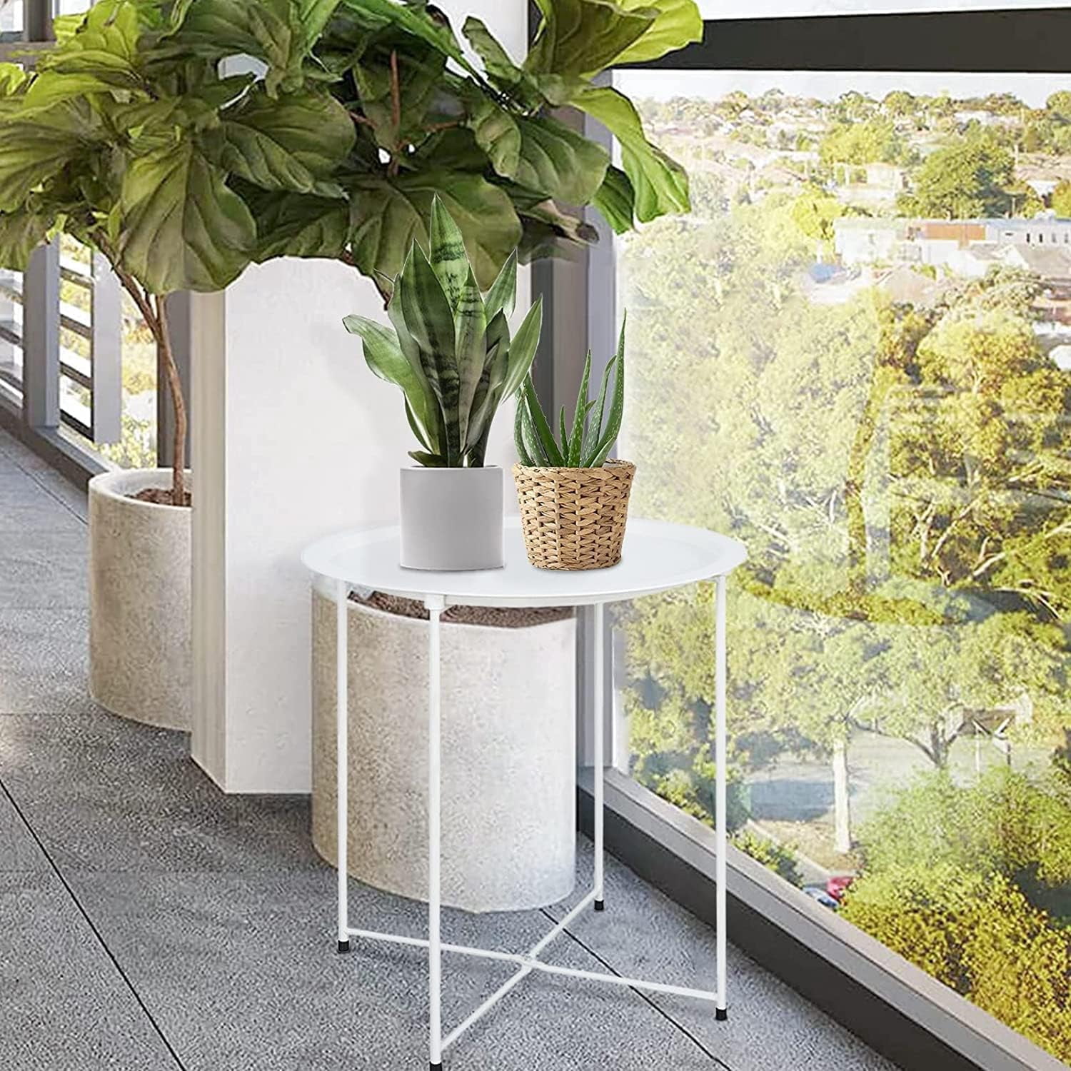 aboxoo Folding Tray Metal Side Table 2PC White Round End Table Cyan Sofa Small Accent Fold-able Table, Round End Table Tray, Next to Sofa Table, Snack Table for Living Room and Bed Room