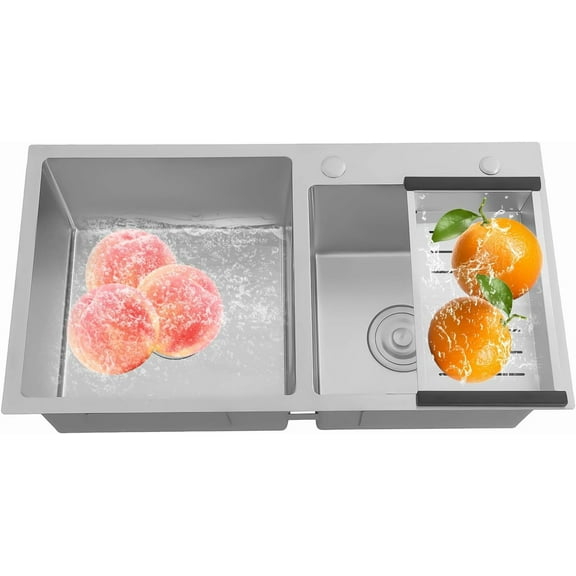 Double Bowl Kitchen Sink, 30 Inch Stainless Steel Kitchen Sink Drop In/Topmount Double Bowl Sinks Large Capacity Double Basin Sinks w/Drainage Pipes&Fruit Baskets for Home Laundry Garage