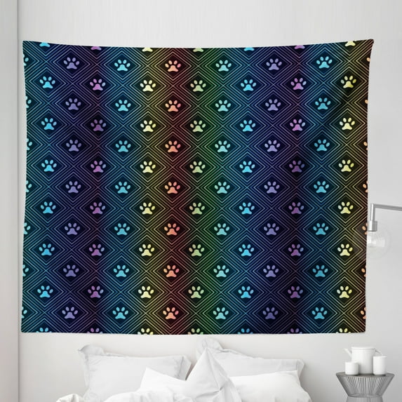 Dog Lover Tapestry, Paw Print Pattern Diamond Shaped Rhombus Shapes Design Geometric Arrangement, Fabric Wall Hanging Decor for Bedroom Living Room Dorm, 5 Sizes, Multicolor, by Ambesonne