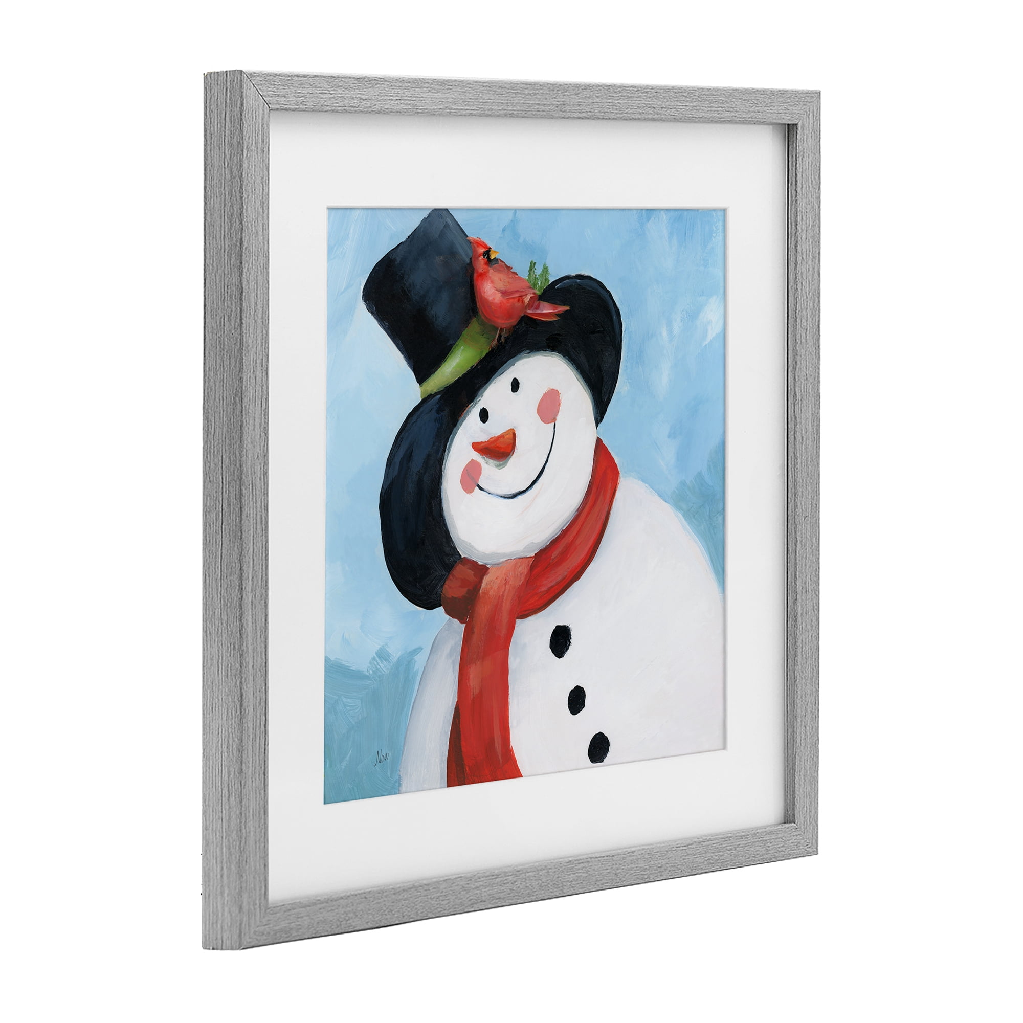 Stupell Industries Cheerful Snowman with Cardinal Gray Framed Print Under Glass, design by Nan