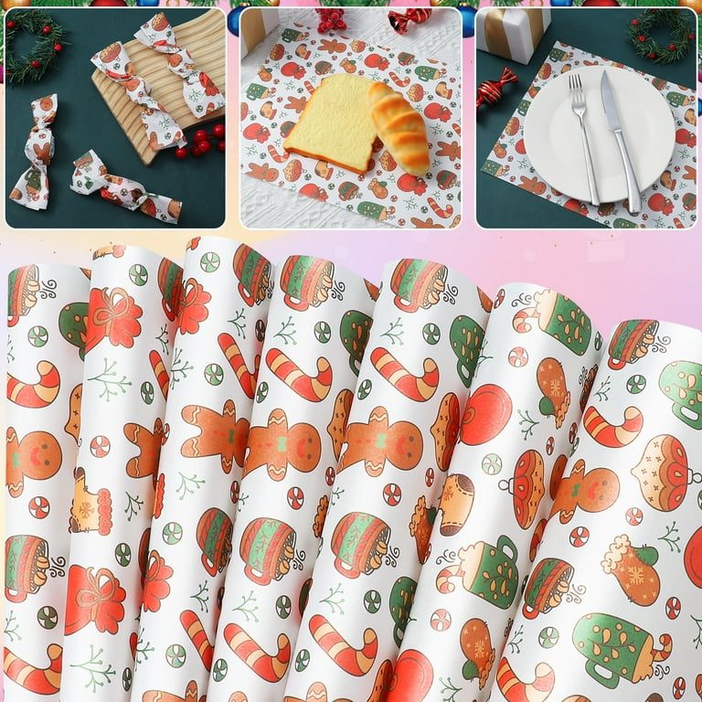 Aowoo 100 Sheet Christmas Wax Paper, 4 Styles Xmas Red Food Wrapping Tissue Paper, Sandwich Wrap Candy Cookies Wraps, Snowflake Elk Candy Print Deli