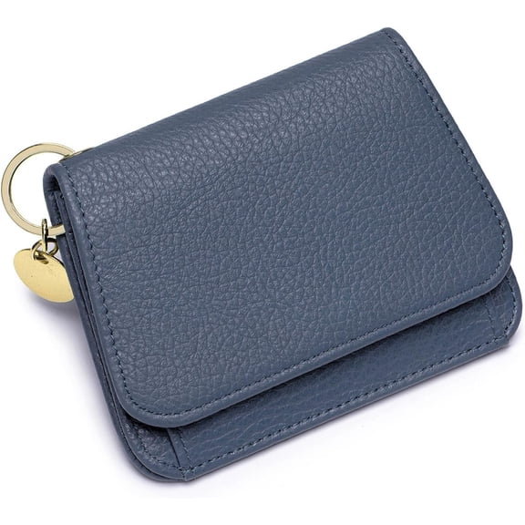 SCHLATUM Genuine Leather Rfid Blocking Card Holder with Keychain, Wallet with 6 Card Slots, ID Window, Zipper Coin Pocket, Navy Blue