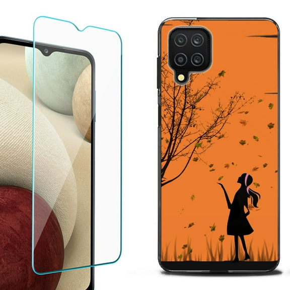 Slim-Fit Flexible TPU Gel Phone Case (black) for Samsung Galaxy A12, with Tempered Glass Screen Protector, by OneToughShield ® - Autumn Leaf