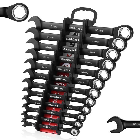 ARROW 12PCS Metric Ratcheting Wrench Set, Anti-Slip 6-18mm Combination Ratchet Wrench Set with Black Magnetic Tool Holder, Premium CRV Material, 72-Teeth, Corrosion-