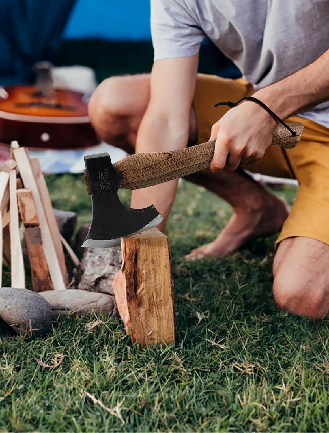 JXE JXO 14.5" Camping Hatchet with 1065 High Manganese Steel Head and Hickory Handle, Bushcraft Axe for Wood Chopping, Includes Leather Sheath