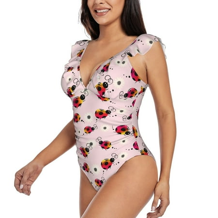 KLL Ladybugs And Flower for Women s Ruffled One Piece Swimsuit Tummy Control Bathing Suit V Neck Swimwear