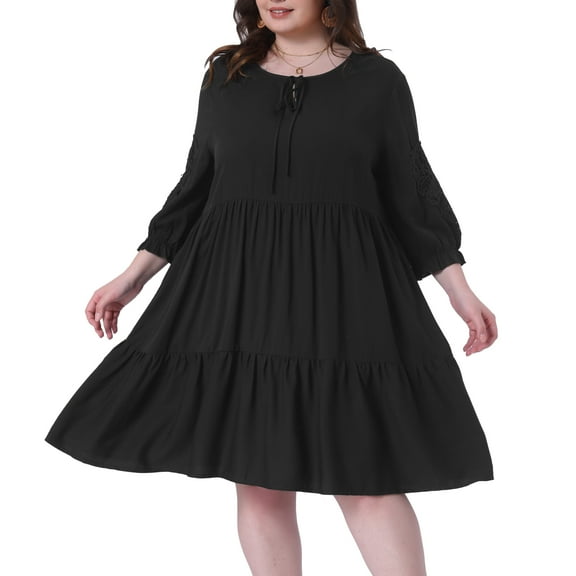 DARING DIVA Plus Size Tie Neck Lace Sleeve Casual Ruffle Midi Flowy Dress 1X Black