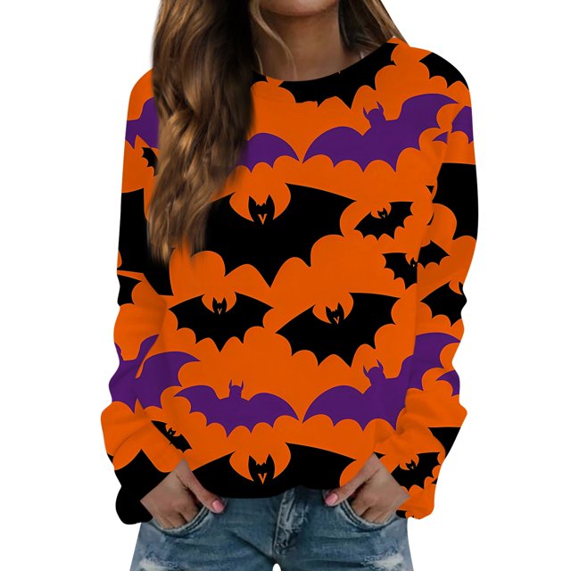 Sudadera de manga larga con estampado de murciélagos de Halloween para mujer, suéter gráfico de árboles espeluznantes y murciélagos para otoño