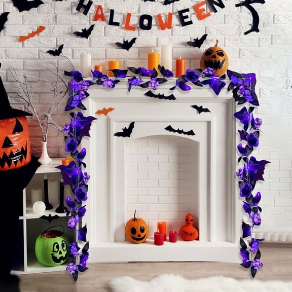 MInHoues 6.5 FT Halloween Purple Rose Garland with LED Lights, Bendable Artificial Flower Vine for Mantel Door Wall Gothic Spooky Indoor Party Decor