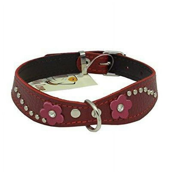 red genuine leather designer dog collar 14.5x1 with studs, daisy, and rhinestone
