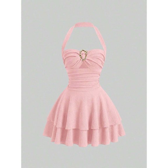 Pink Vintage Halter Mini Dress With Ornamental Buckle And Tiered Skirt