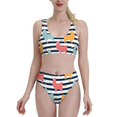 Bixox Colorful Llama Pattern Two-Piece Sports Bikini with U-Shaped Top and High-Waist Bottom - Women s Swimwear with Removable Bra Pads