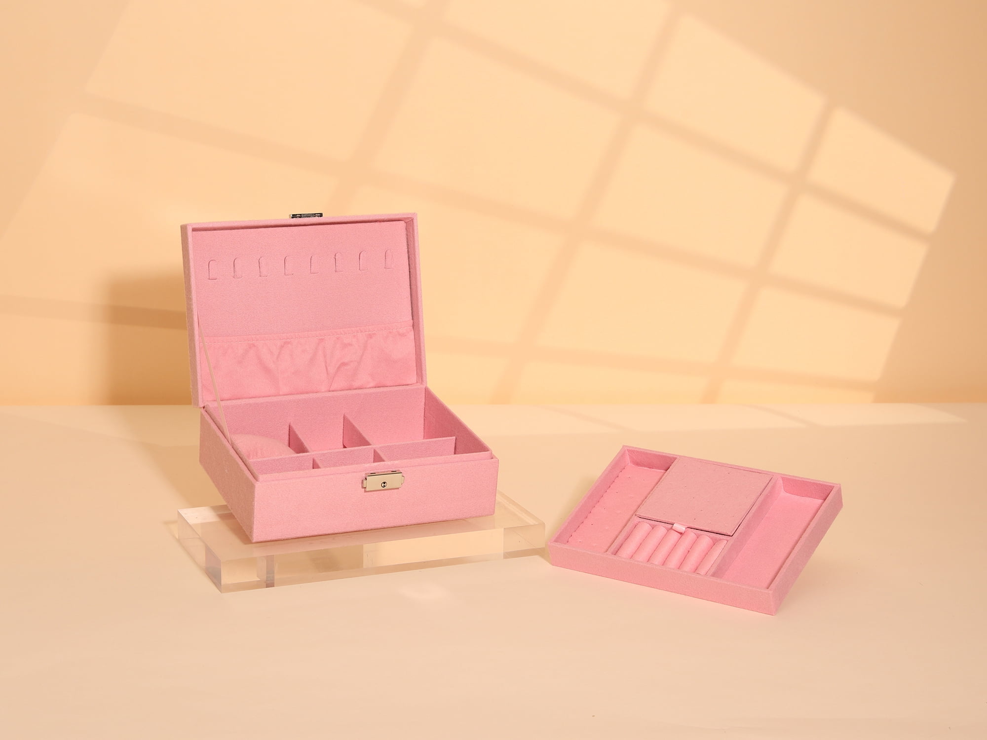 Unique Bargains Velvet Jewelry Box Organizer 2 Layer Jewelry Display Storage Holder Pink