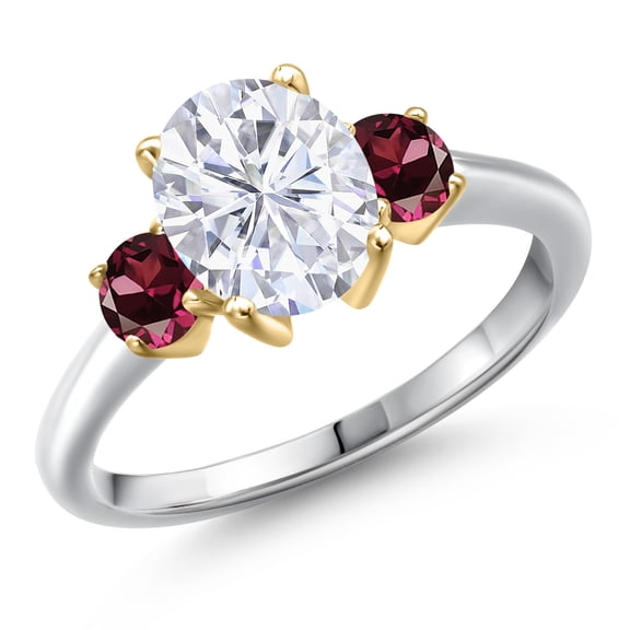 Gem Stone King 10K Two Tone Gold White Moissanite and Red Rhodolite Garnet Engagement Ring for Women | 2.84 Cttw | Oval 9X7MM | Gemstone Birthstone | Size 9