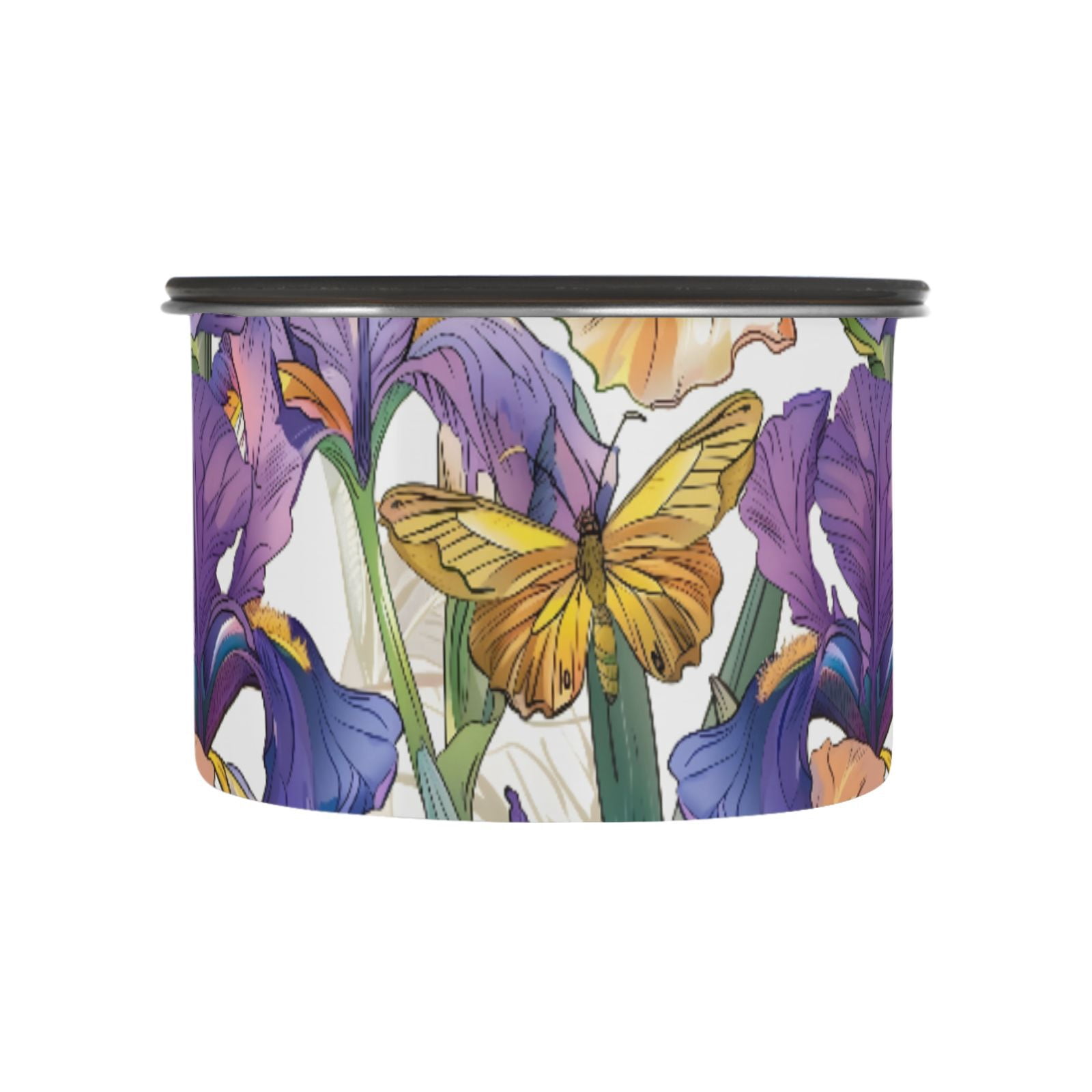 Iris Flower Floral Butterfly Airtight Coffee Bean Canister 30oz Food Storage Containers with Lids For Gournd, Tea, Sugar, Flour, Rice, Cereal, Candy Cookie Jar