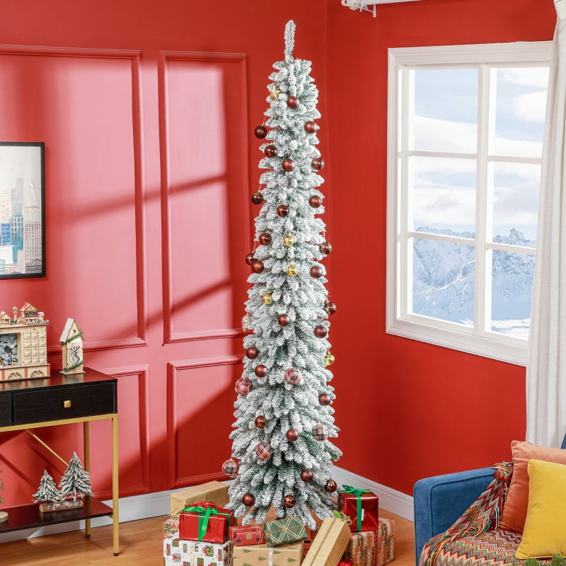 Alvantor Christmas Tree Unlit Flocked Pencil with 603 Tips & Snow Effect 22.8"x22.8"x96" 8ft Green