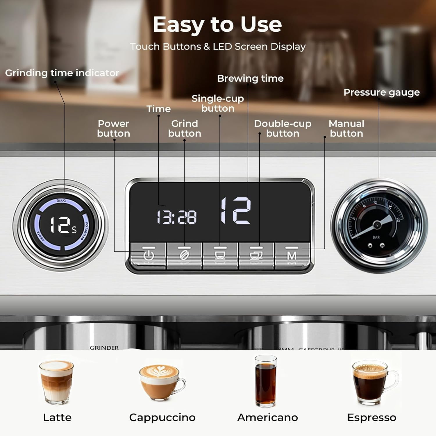 WAA 20 Bar Dual-Boiler Espresso Machine 30 Grinder Settings,Milk Frother,95oz Tank 58MM LED Display,Silver