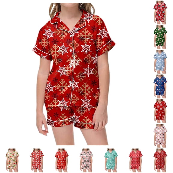 Hienoo Christmas Graphic Pajama Set For Girls Short Sleeve Buttons Shirts Shorts Pajamas 2-13 Years