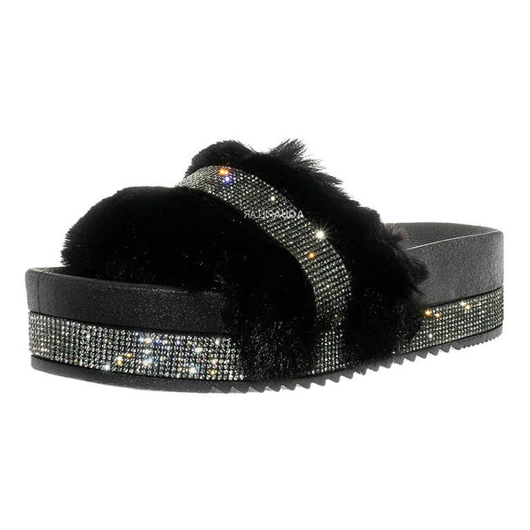 GERsome Women's Rhinestone Fluffy Slippers Platform Slippers