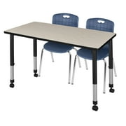 Regency 48 x 30 in. Kee Height Adjustable Mobile Classroom Table, Maple & 2 Andy 18 in. Stack Chairs - Navy Blue