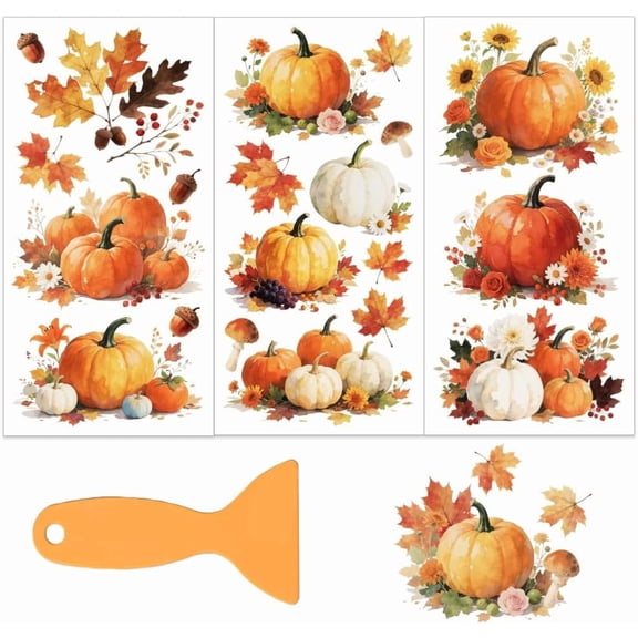 3Pcs/Set Golden Autumn Pumpkin Rub on Transfers for Furniture and Craft 6x12 Inch Maple Leaf Furniture Decal Transfer Stickers Rub on Decal with 1pc Scraper for Scrapbook Home Decoration PVC