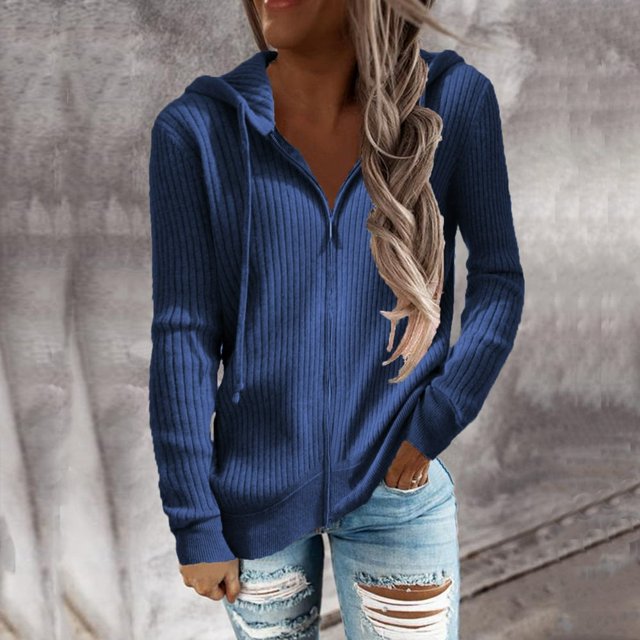Womens Fashion Solid Zipper Draw String Up Casual Long Sleeve Hooded Sweatshirt Coat
