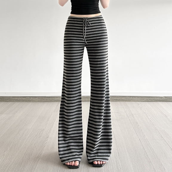 ClodeEU Women's Striped Flare Pants,Low Rise Drawstring Waist Wide Leg Trousers Black,Womens Plus L