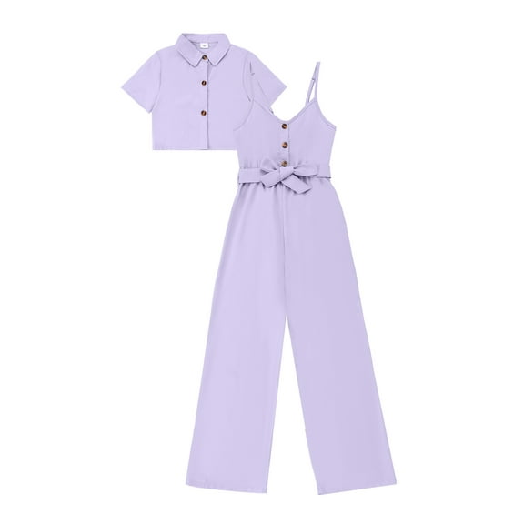 Kucnuzki 7 Years Big Girls Jumpsuit Summer Outfits 8 Years Kid Crop Top Short Sleeve Halter Belted Romper Tween Girl Cute Clothing Set 2pcs Purple