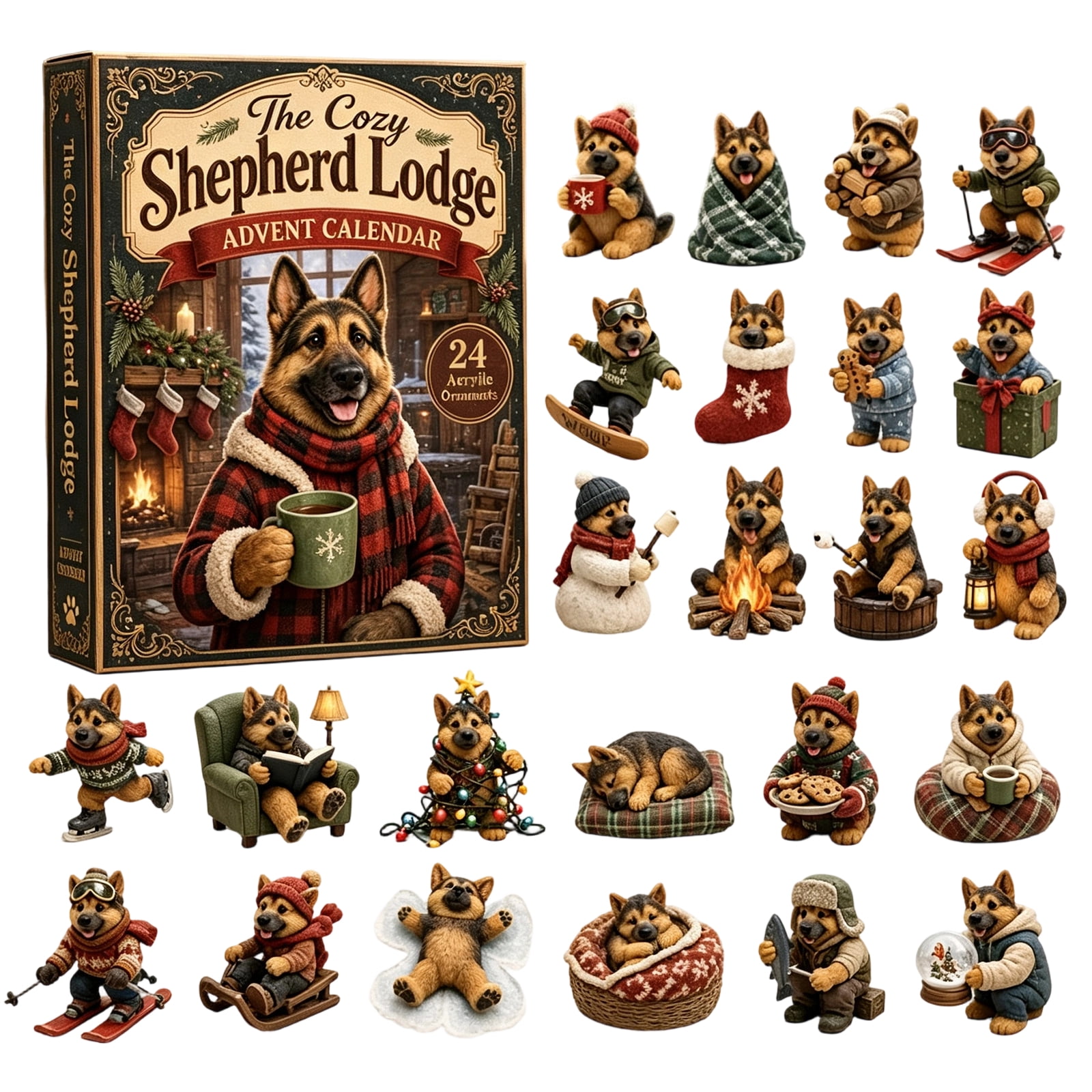 Christmas Mystery Box the Cozy Ranger Shepherd Lodge Collection Advent Calendar 24 Acrylic Ornaments 2D Hanging Blind Box for Tree Wall Door for Rustic Daily Charm with Woodland Theme