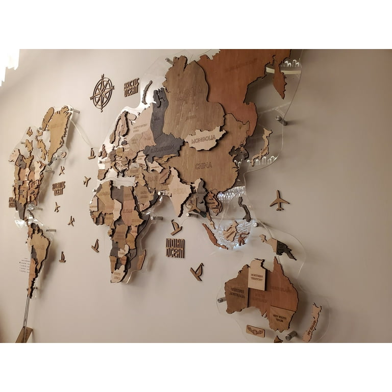 Led Light 3D Wood World Map for Wall Decor - Home Decor World Map with 6ft  Power Cord - 3D Wood World Map Wall Art for Home & Kitchen or Office 