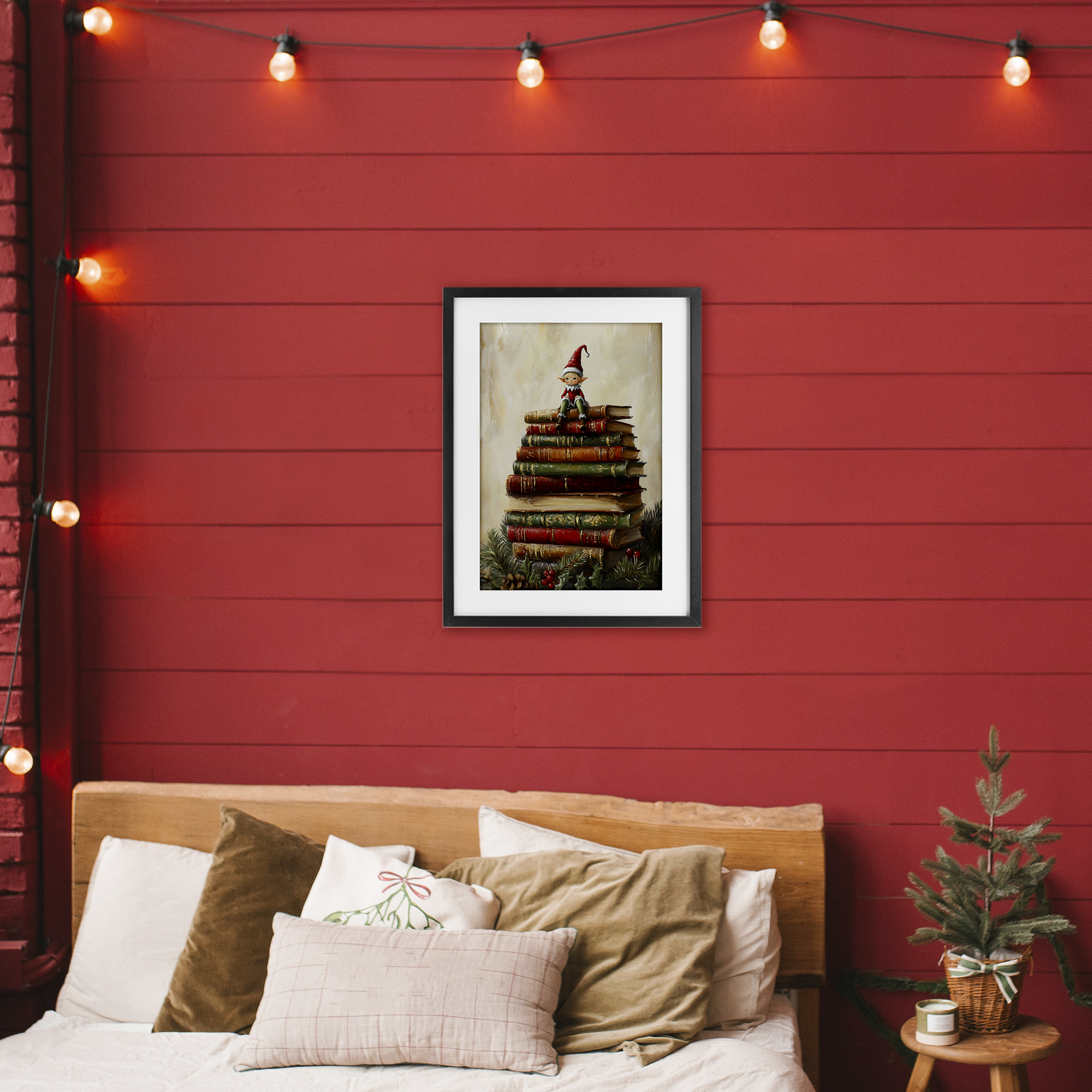 Christmas Elf Bookstack Black Framed Print Under Glass, design by Petal Prints Design