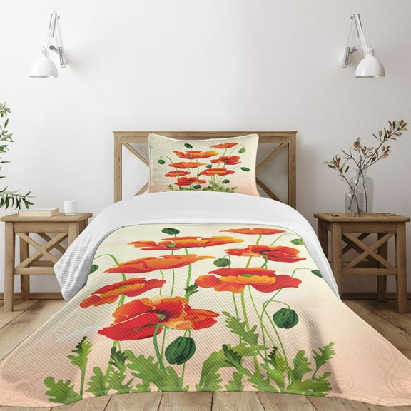 Ambesonne Poppy Flower Quilted Bedspread Set 2 Pcs, Bouquet Arrangement, Twin Size, Cream Vermilion Green
