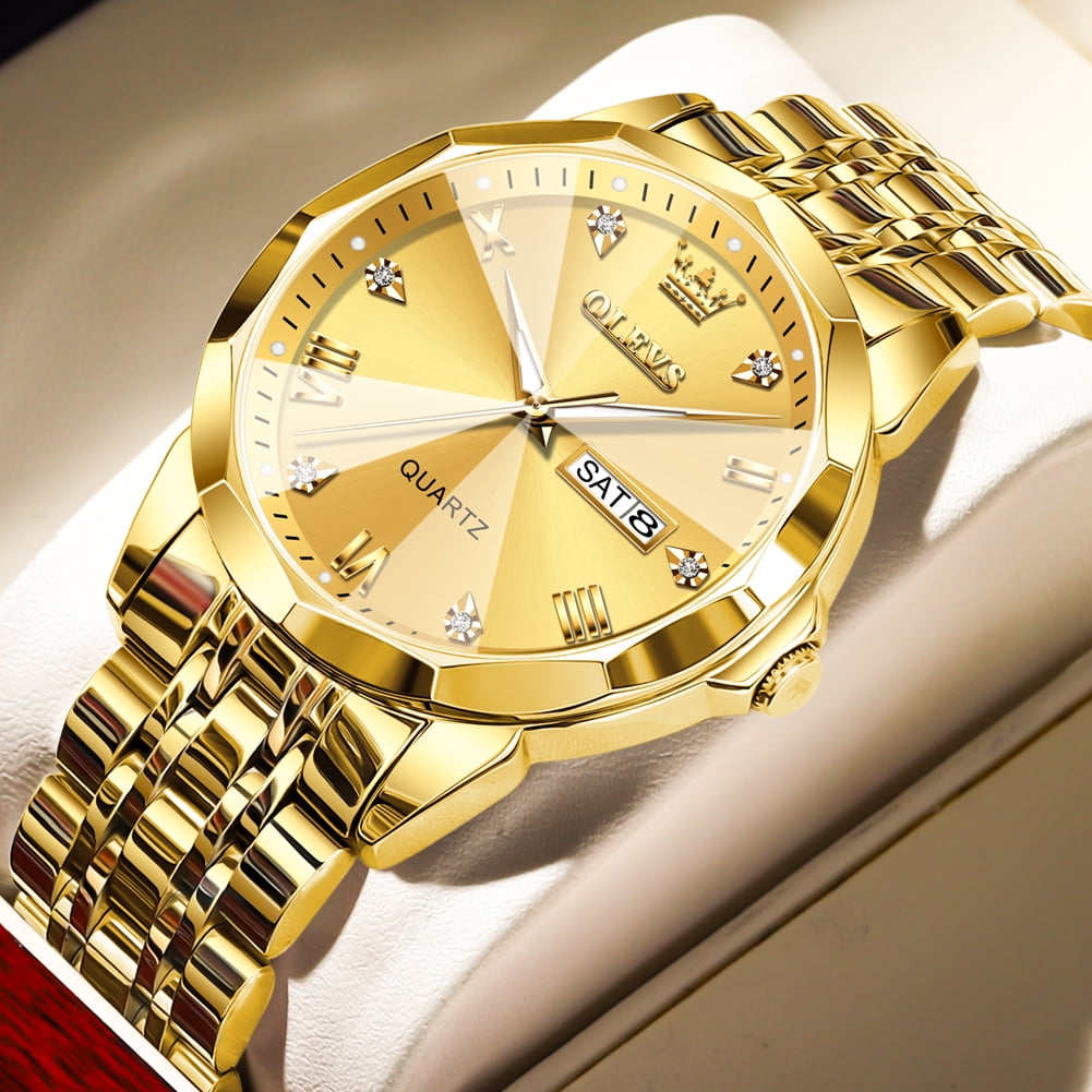 OLEVS Watch for Men Diamond Business Dress Analog Quartz Stainless Steel Waterproof Luminous Date Luxury Casual Wrist Watch Gold Dial