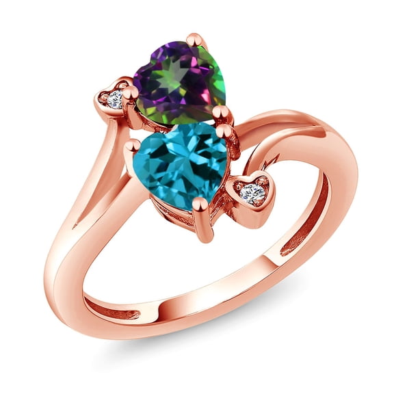 Gem Stone King 18K Rose Gold Plated Silver Green Mystic Topaz London Blue Topaz and White Moissanite Ring for Women (1.93 Cttw, Heart Shape 6MM, Gemstone Birthstone, Size 5)