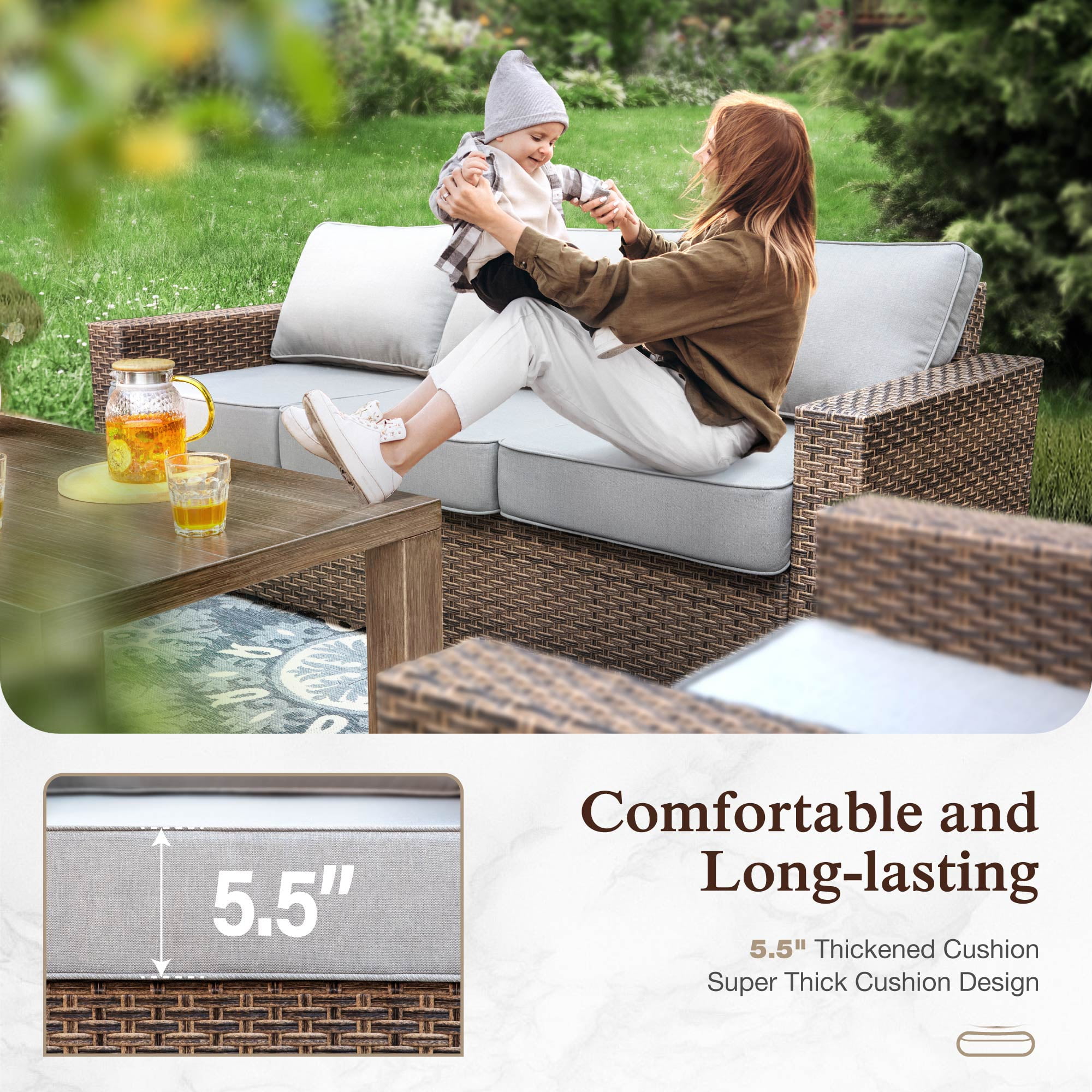 Sophia & William 5 Pieces Patio Furniture Set with Swivel Chairs 5.5" Thick Cushions 7-Seat Wicker Outdoor Conversation Set