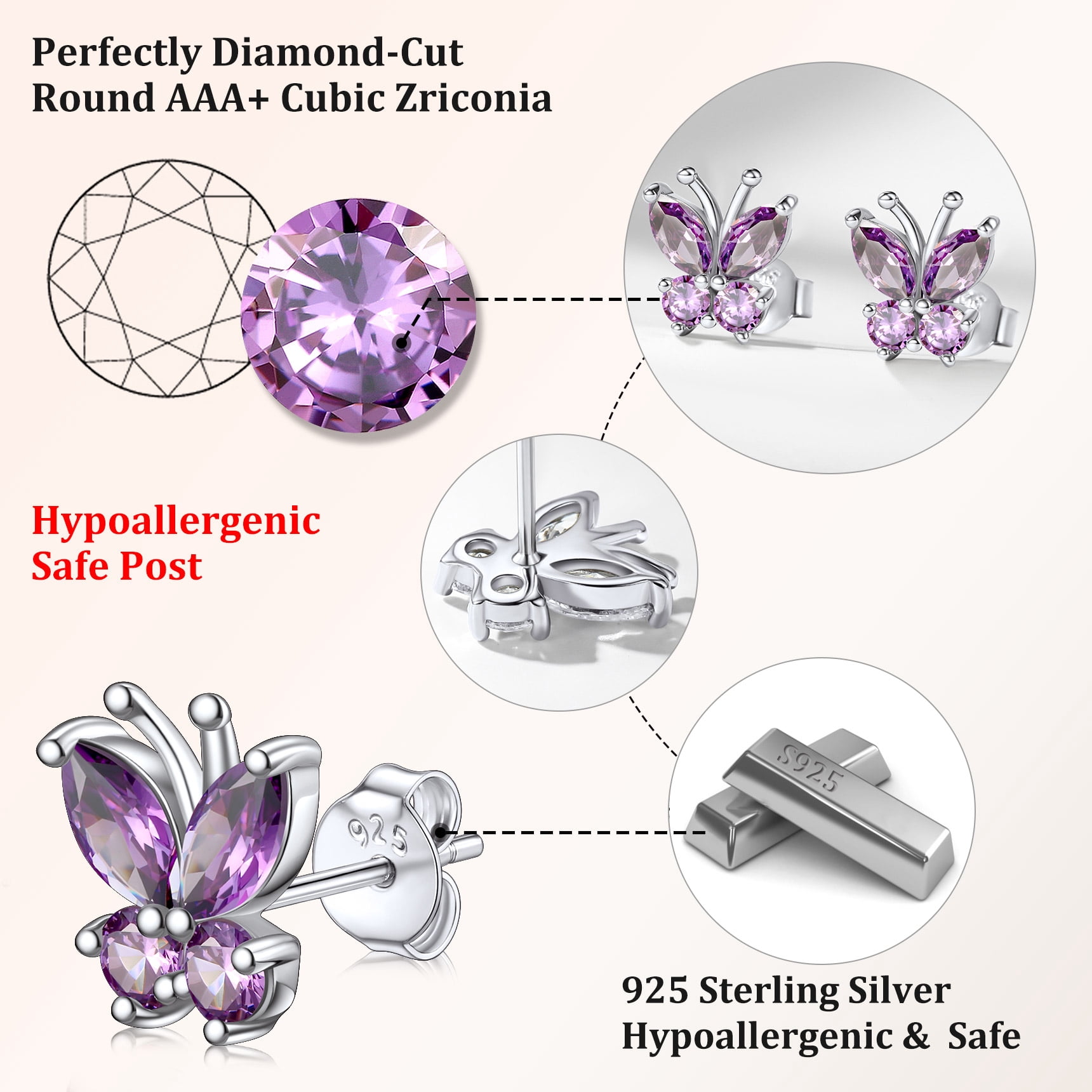 Bestyle Butterfly Earrings Cute Pure 925 Sterling Silver Stud Earrings June Synthetic Alexandrite Birthstone Birthday Graduation Gifts for Women