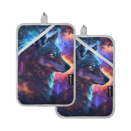 

Nebula Colored Wolf Oven Mitts 2 Pcs Pot Holders Sets Heat Resistant for Kitchen Cooking Baking 7 x9.8