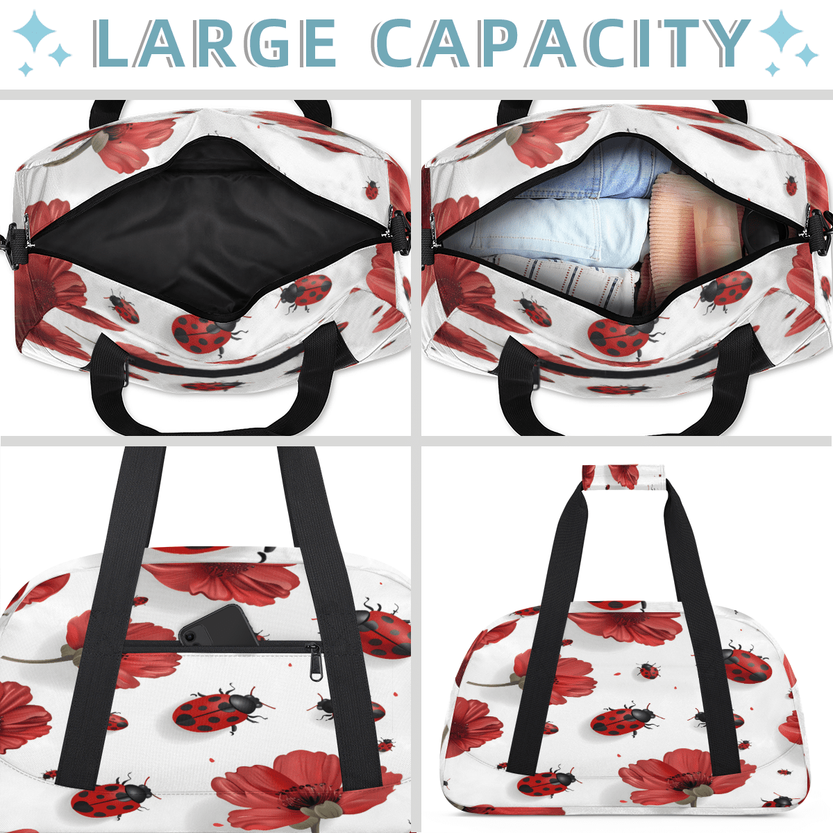 Herdesigns Sports Duffle Bags Travel Duffle Bag Gym Bag Red Ladybugs Poppy Floral Weekender Travel Bag Waterproof Overnight Bag Carry On Travel Tote Bag Dance Bags